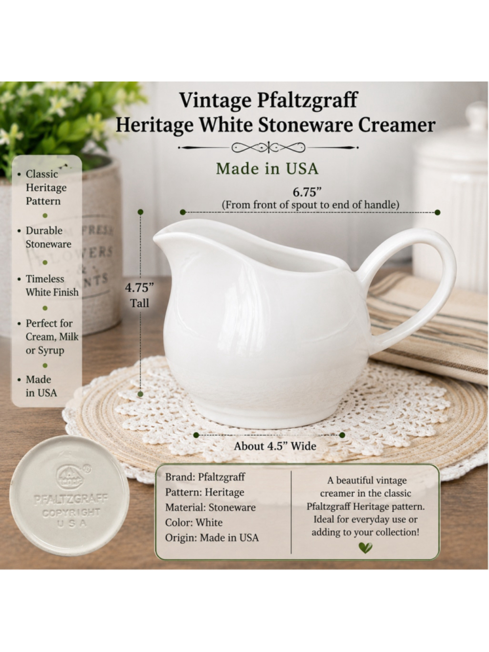 Pfaltzgraff Heritage White Stoneware Creamer One Size